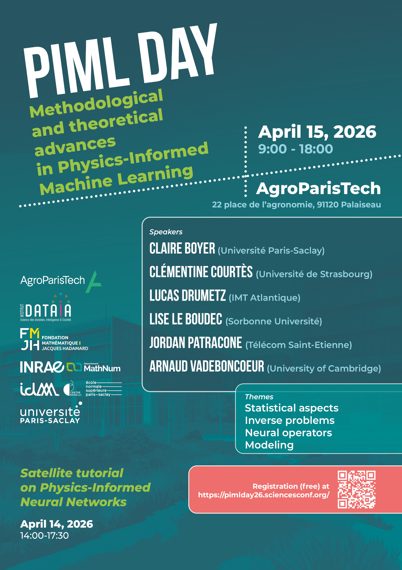 Affiche de l'évènement PIML Day, 15 avril 2026 avec le programme, les noms des orateur·ice·s et le lieu (AgroParisTech, Palaiseau)